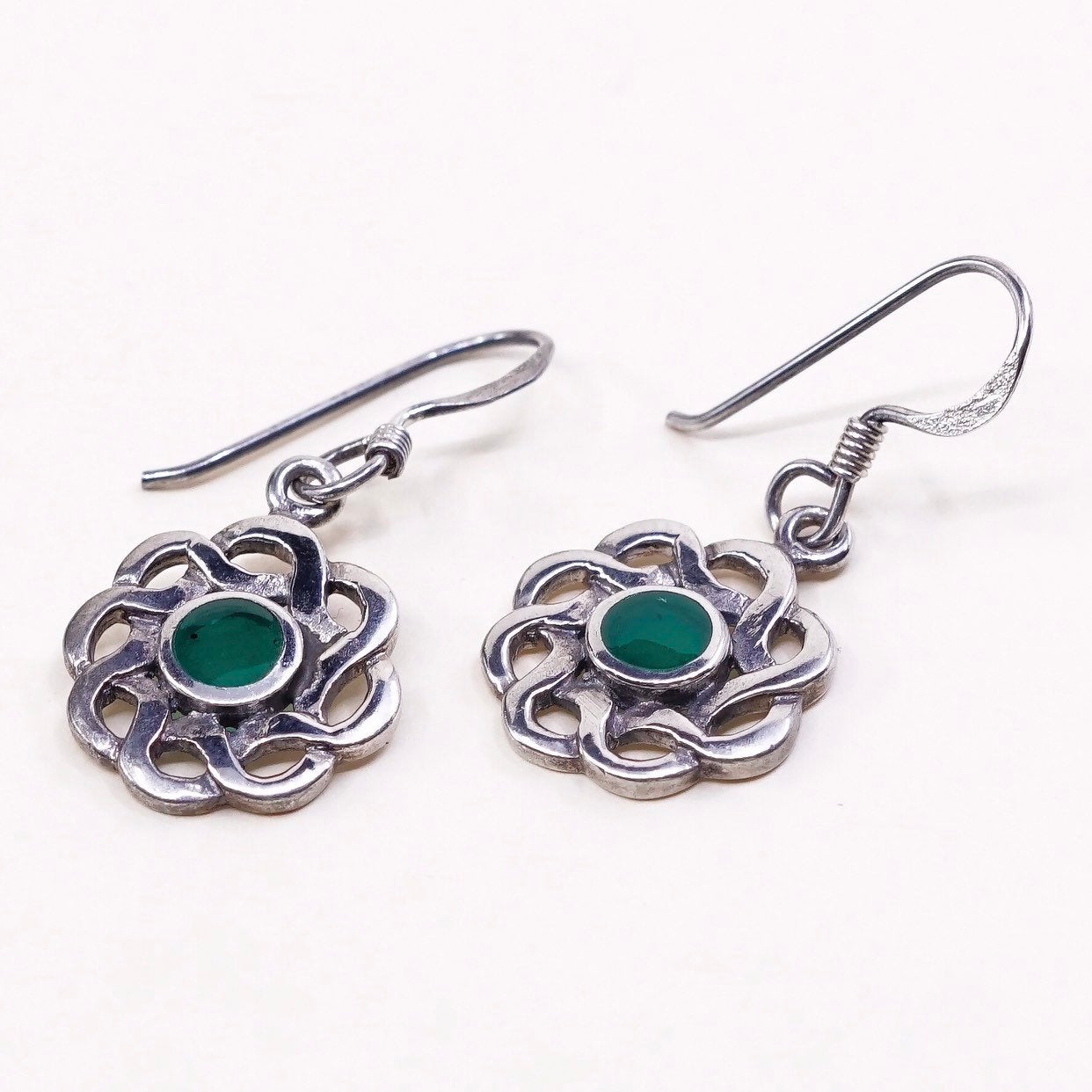 Irish Sterling silver handmade earrings, 925 whirl waves dangles n jade