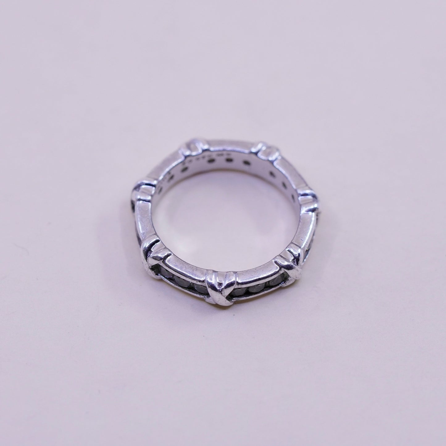 Size 8, vintage sterling 925 silver ring with cluster CZ, statement band cross
