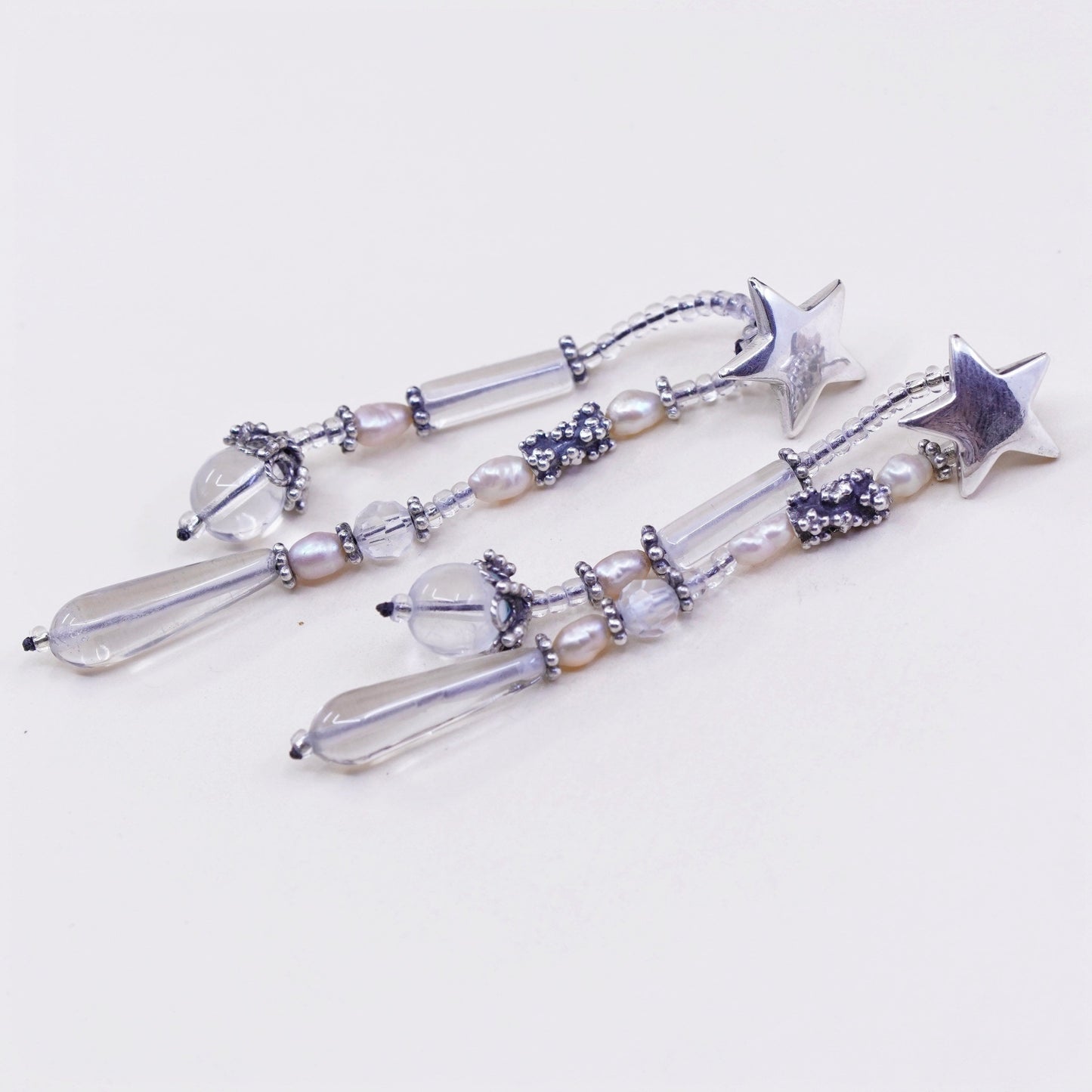 Sterling silver earrings, 925 star studs w/ cluster beads N pearl teardrop