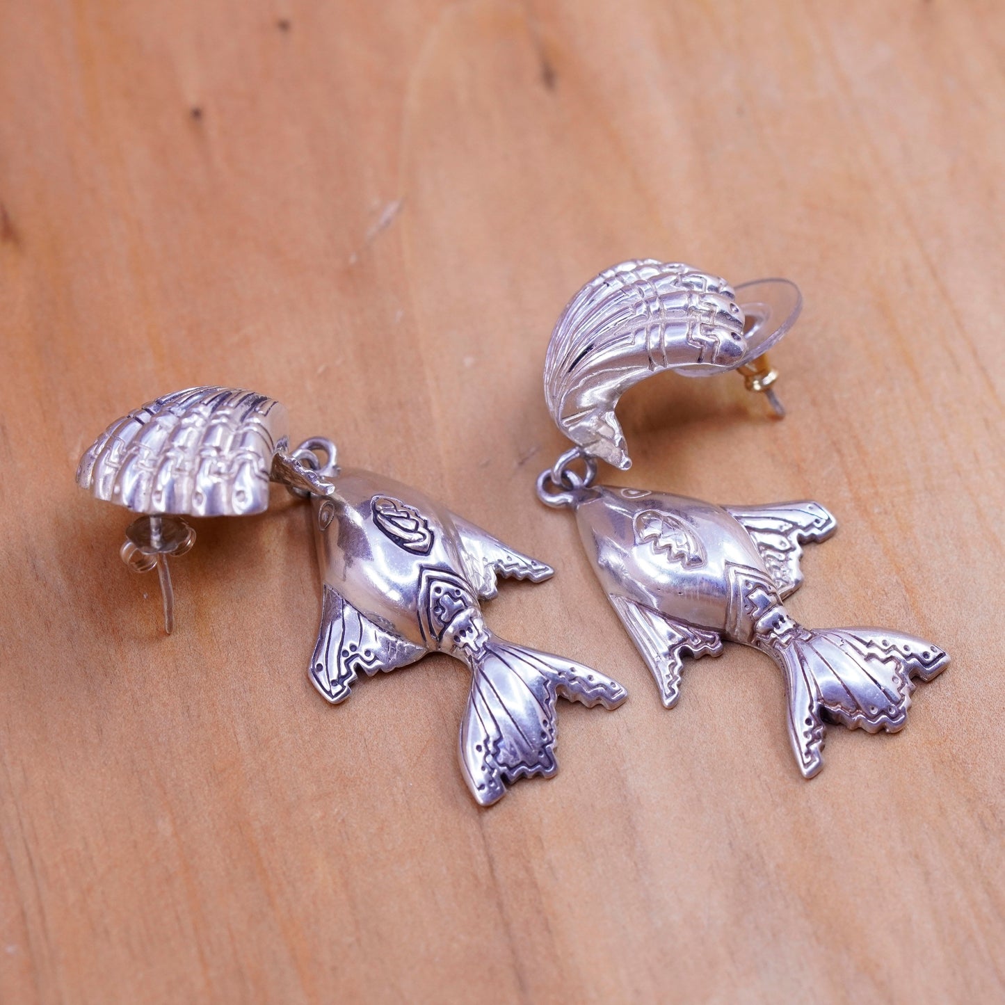 Vintage sterling silver handmade earrings, 925 shell studs with fish drops