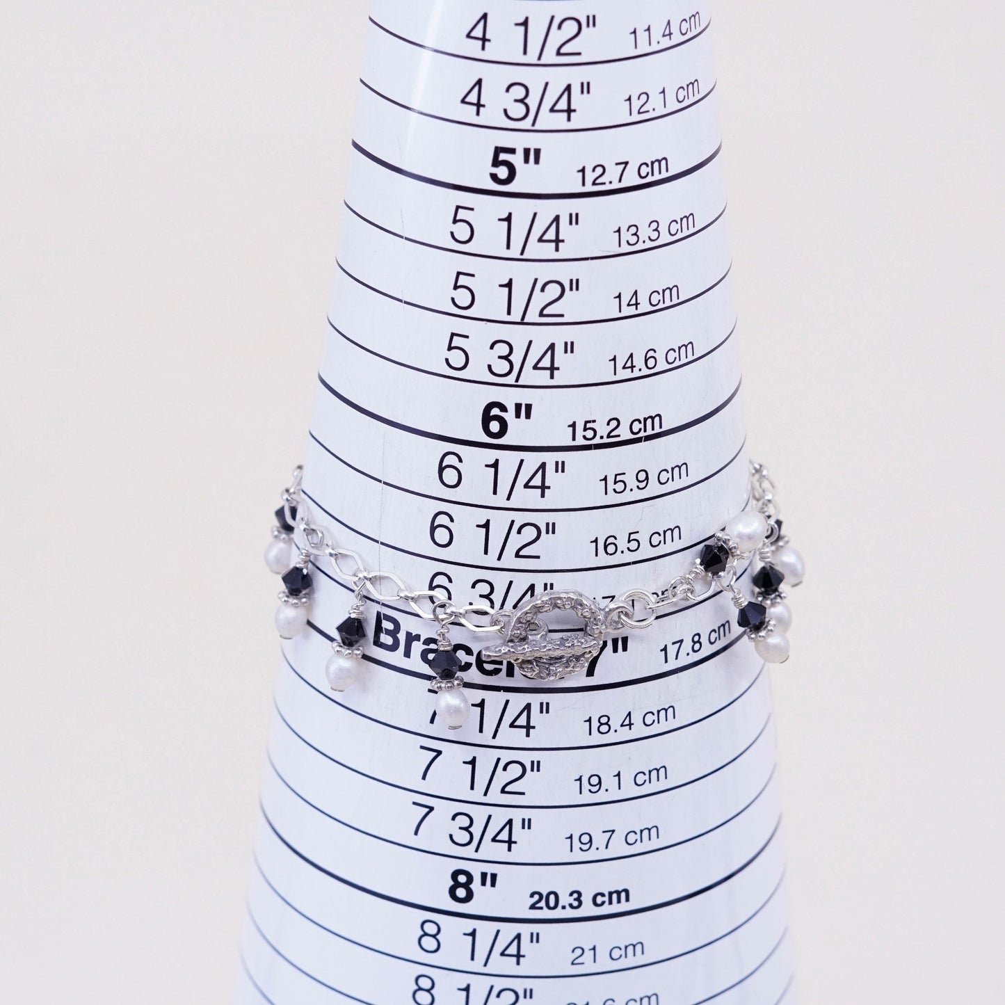 6.75”, vtg Sterling 925 silver handmade bracelet, pearl beads with crystal