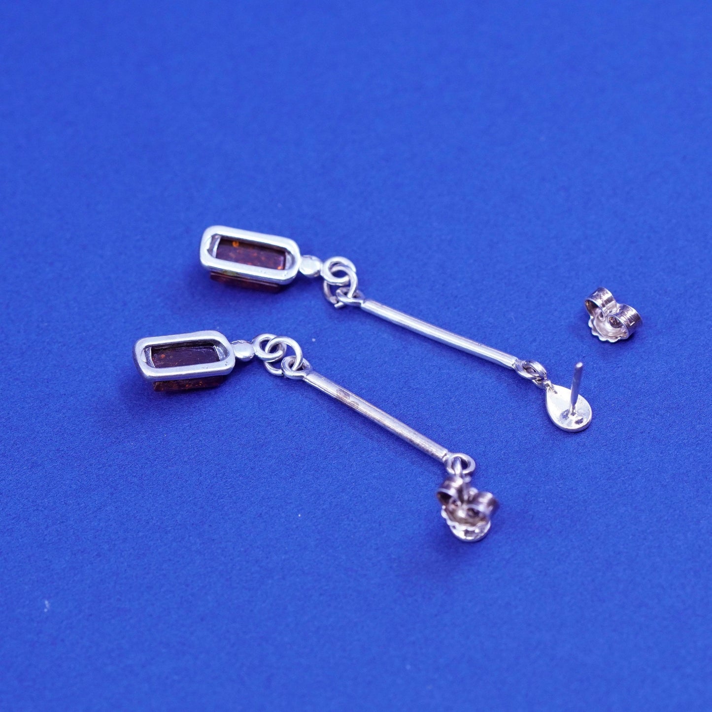 Vintage sterling 925 silver handmade long earrings with rectangular amber