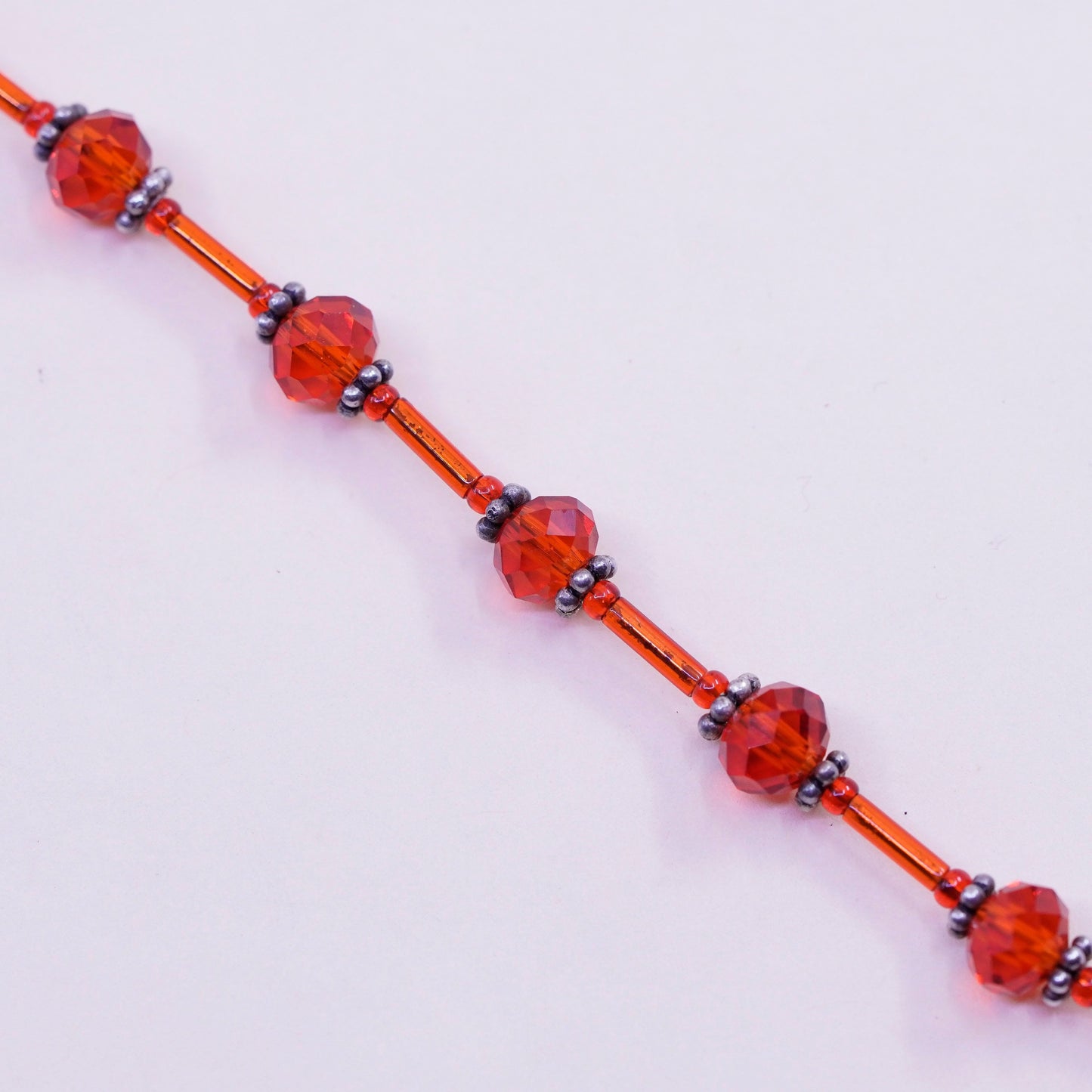 8”, vintage Sterling 925 silver handmade bracelet with red crystal beads