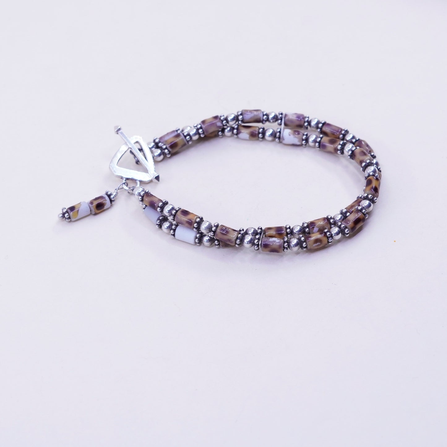 6.75”, vintage double strands sterling silver handmade bracelet with beads