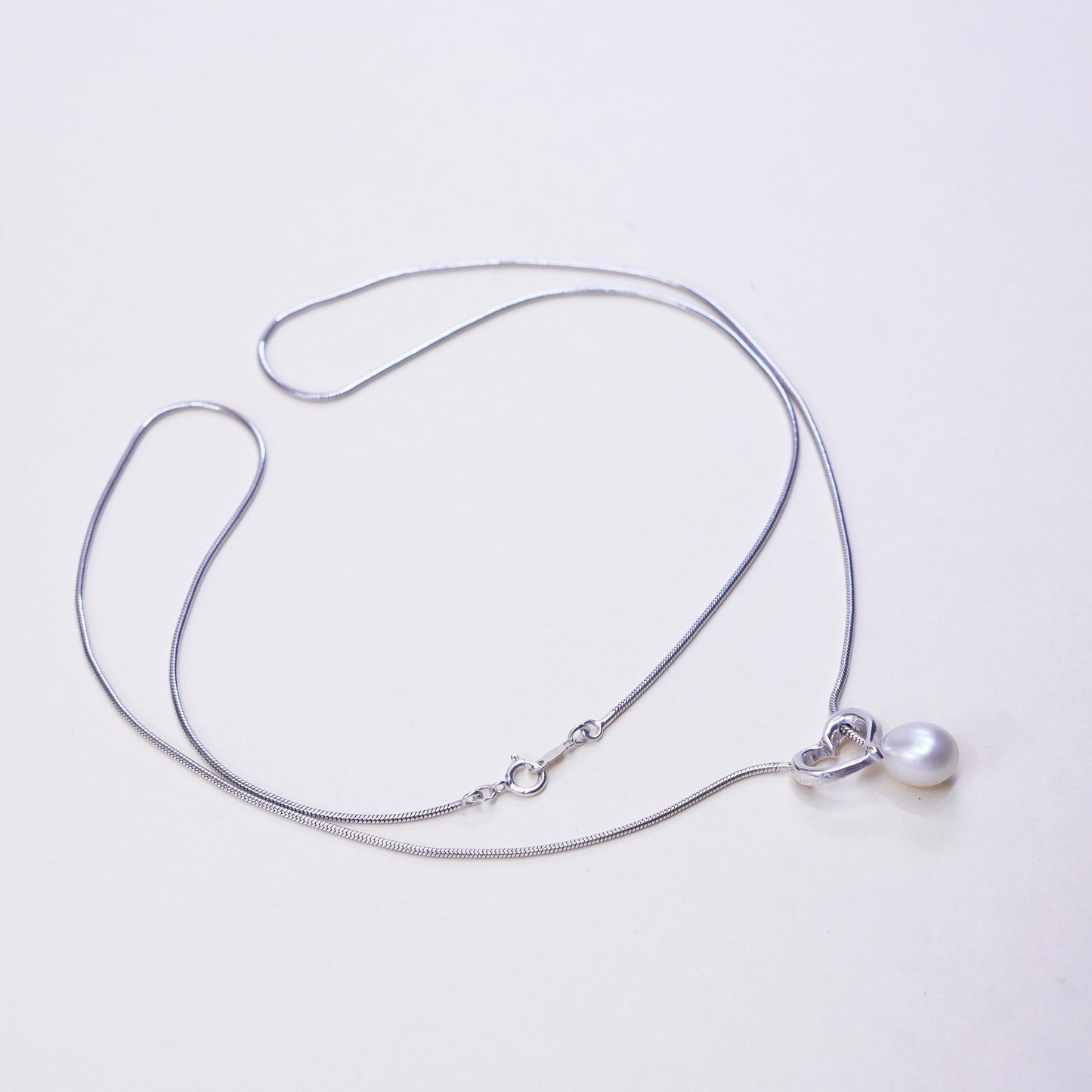 21”, sterling 925 silver necklace, white pearl heart pendant snake silver chain