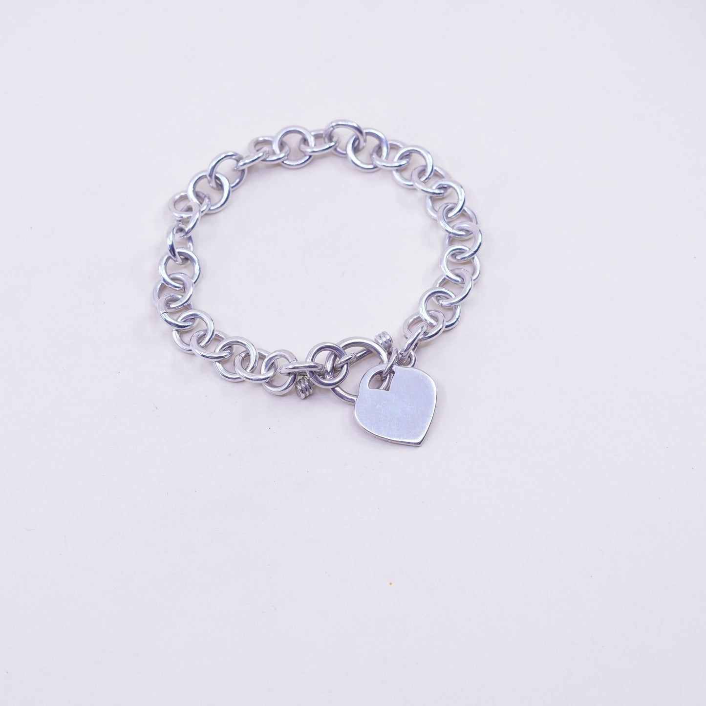 6.75”, Vintage sterling silver bracelet, handmade 925 circle chain heart charm