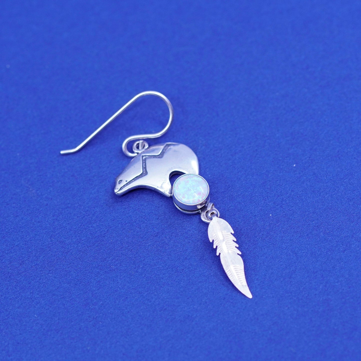 Navajo Glenn Irene sterling 925 silver handmade bear with opal feather dangles