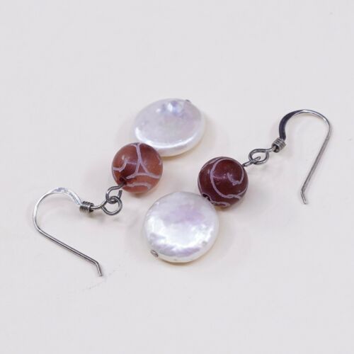 Vintage Southwestern handmade Sterling Silver Pearl Earrings w/ Orange Beads