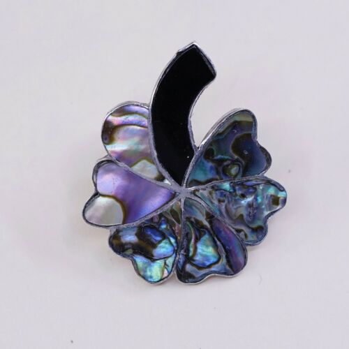 Vtg Taxco Sterling 925 Silver Handmade Screw Back Flower Earrings With Abalone