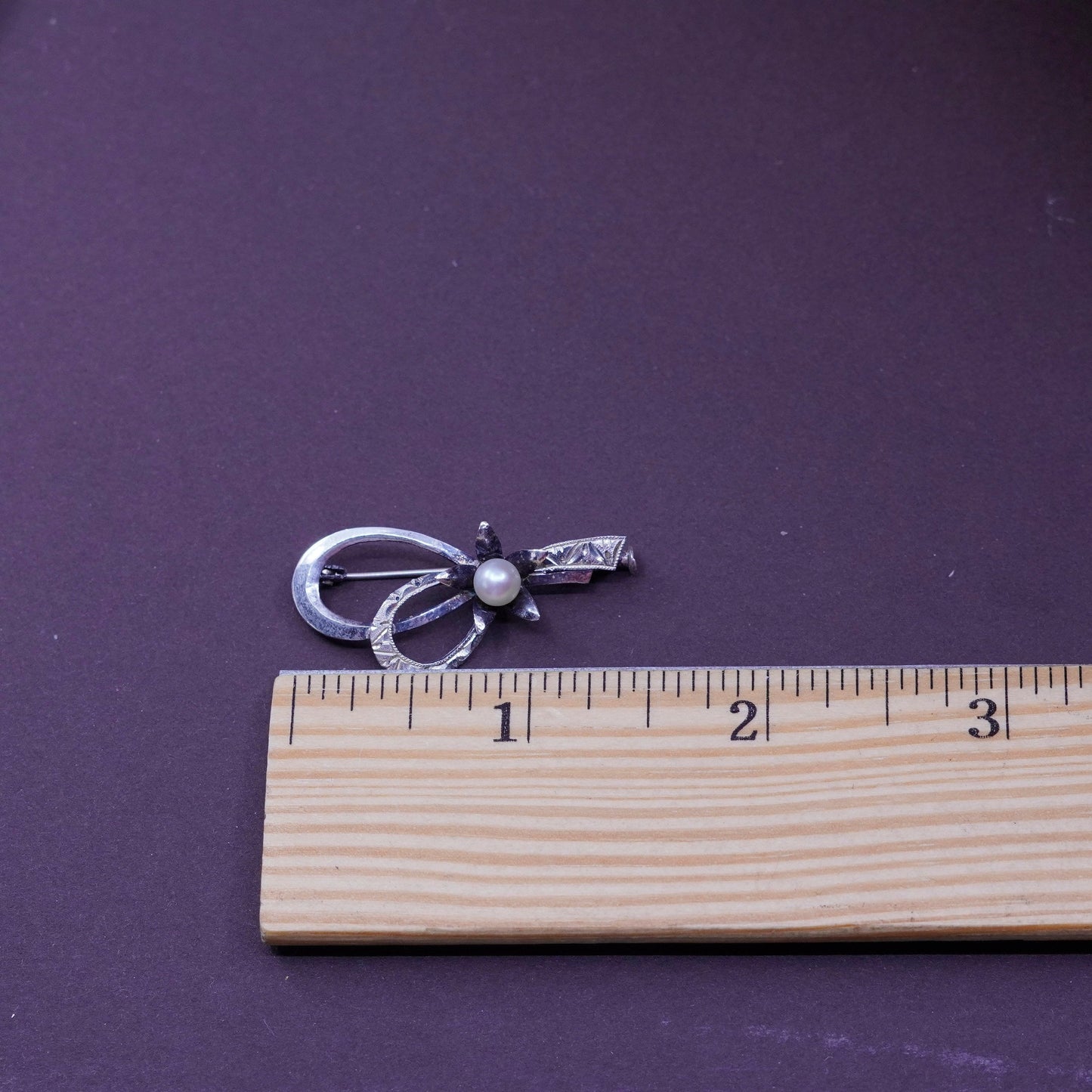 Vintage sterling silver handmade brooch, 925 ribbon flower with pearl details