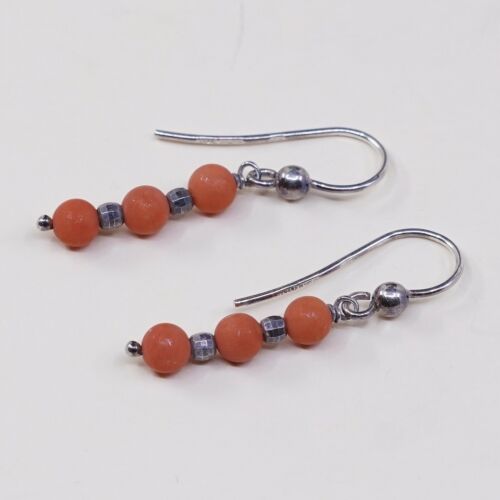 Vtg Southwestern Sterling 925 Silver Handmade Earrings W/ Coral Bead Dangles
