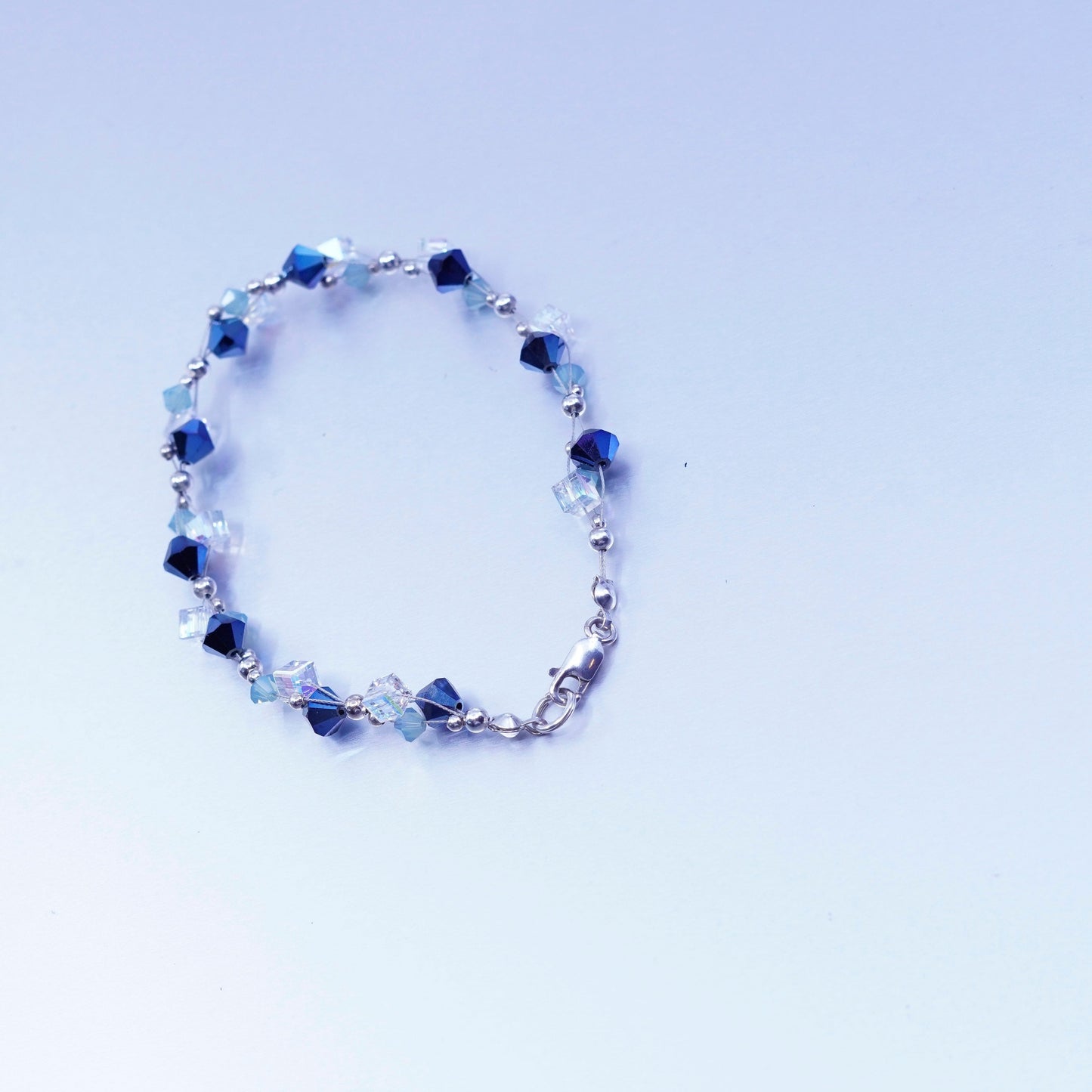 7.5”, vintage Sterling 925 silver bracelet with blue crystal beads
