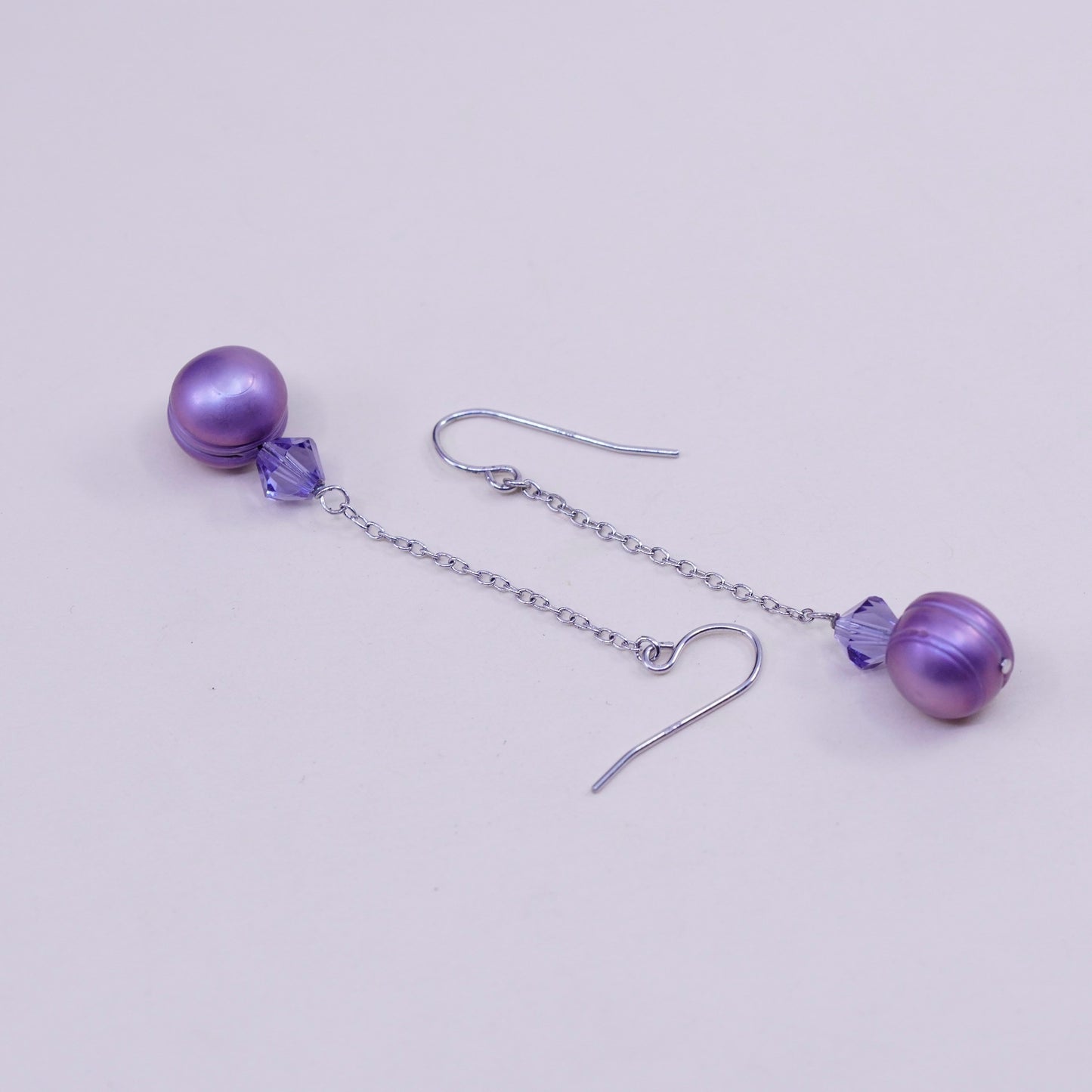 Vintage Sterling silver handmade earrings, 925 chain with purple pearl drops