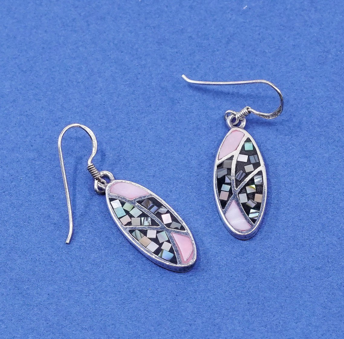 Sterling silver handmade earrings, SX 925 flower drops w/ abalone