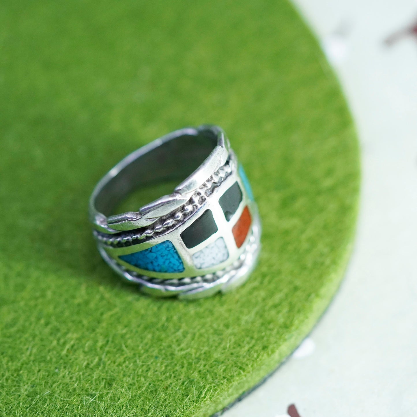 Size 8, Native American sterling silver Zuni ring, 925 wrap band turquoise