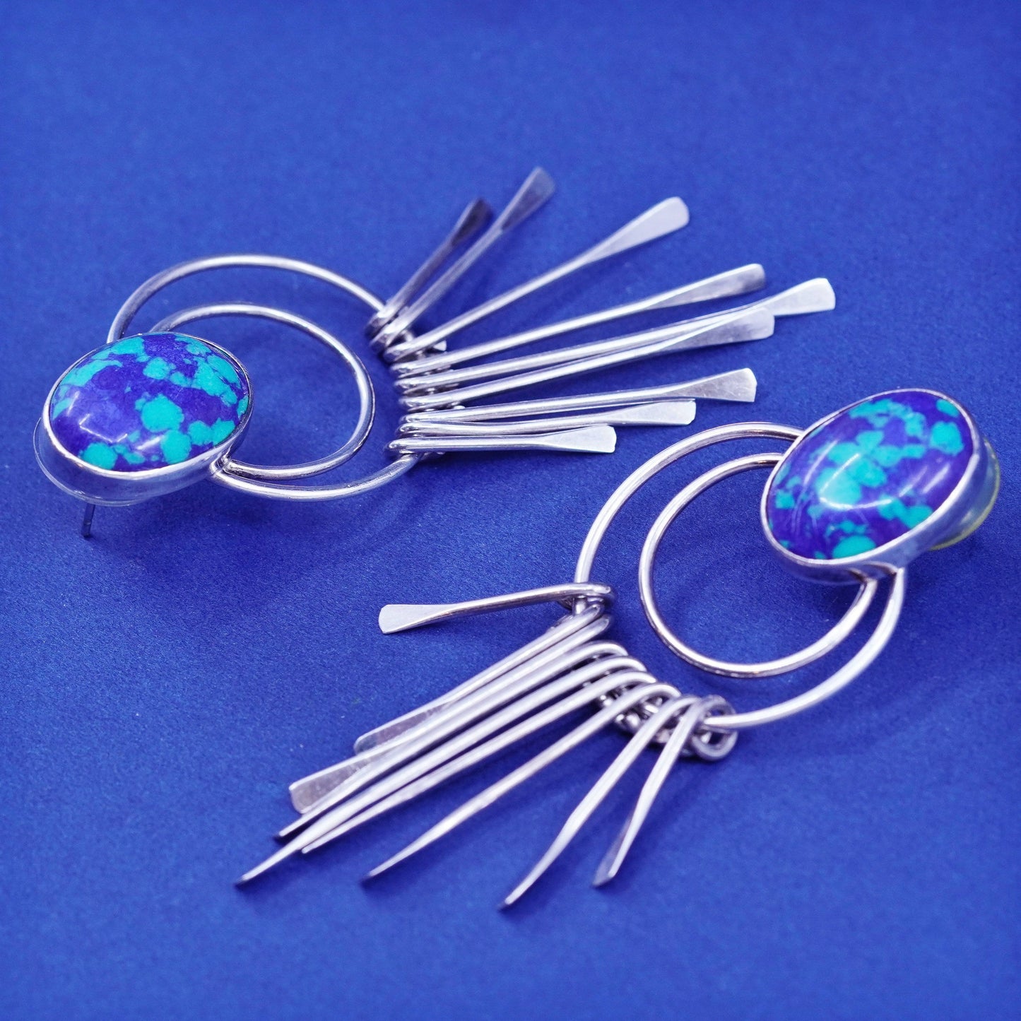 southwestern sterling silver handmade earrings, 925 fringe drops oval azurite