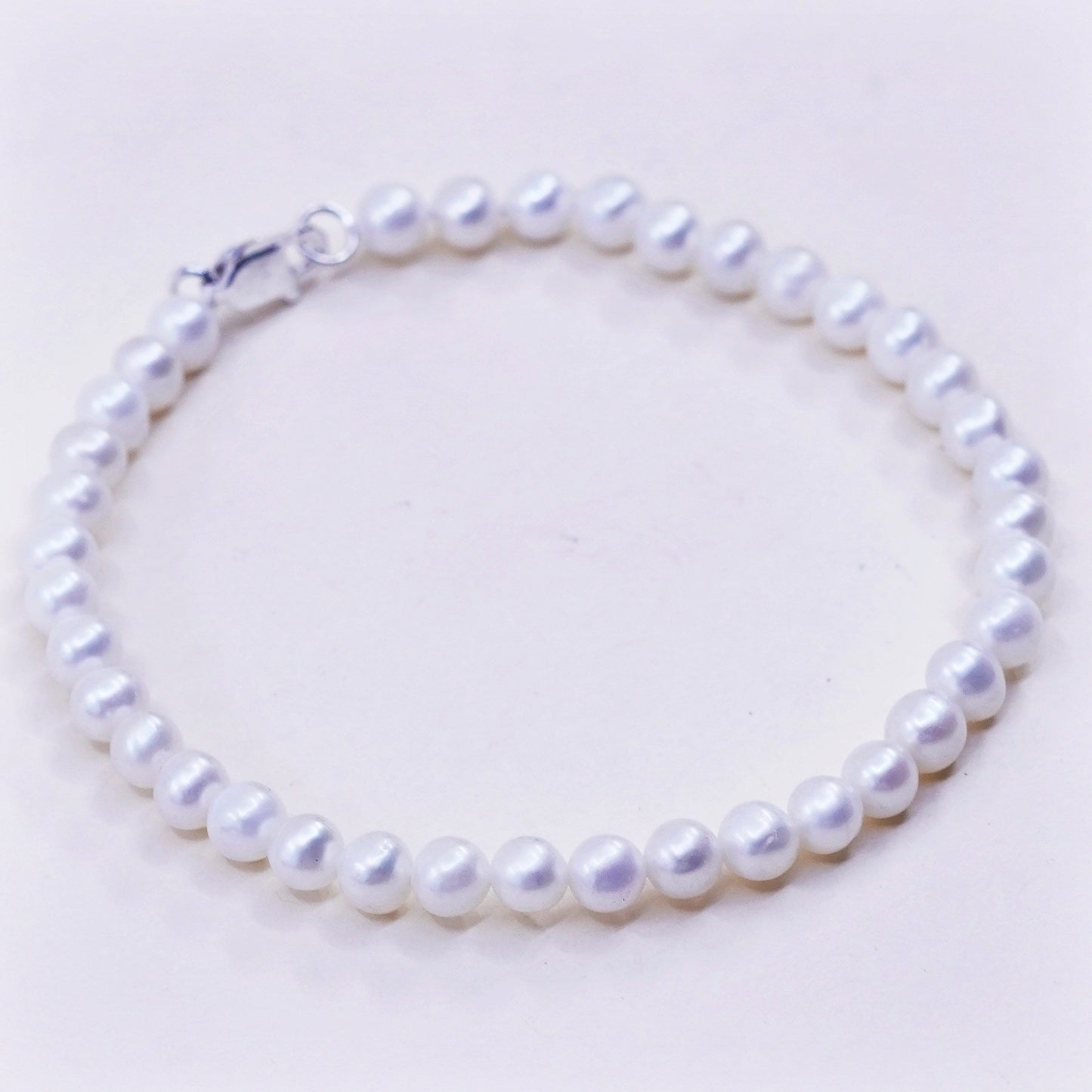 7” 5mm, Vintage handmade bracelet, freshwater pearl with 925 silver clasp