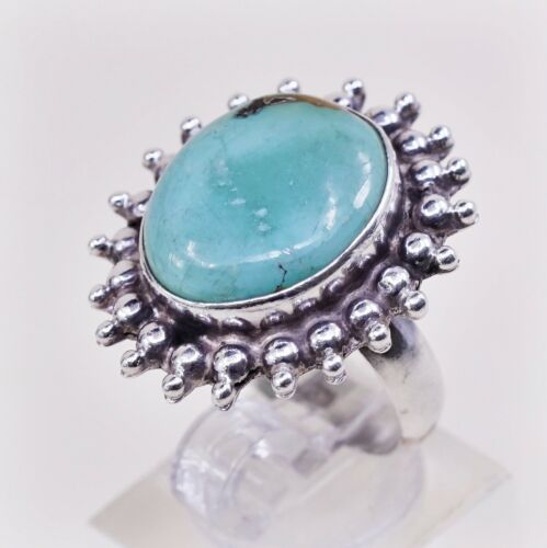 Sz 7, Vtg Sterling Silver Handmade Ring W/ Oval Turquoise N Beads, Stamped 925