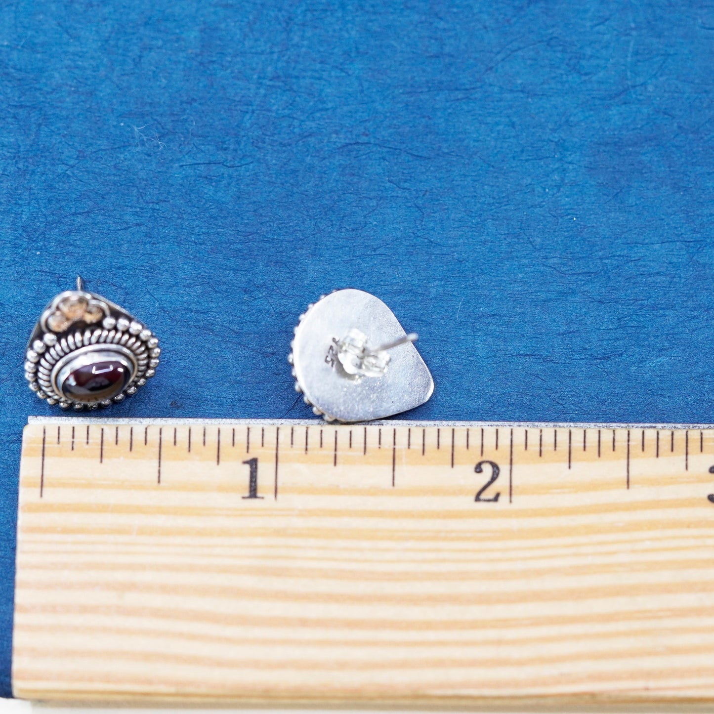 Vintage sterling silver earrings, 925 studs with garnet 12K rose gold leaves