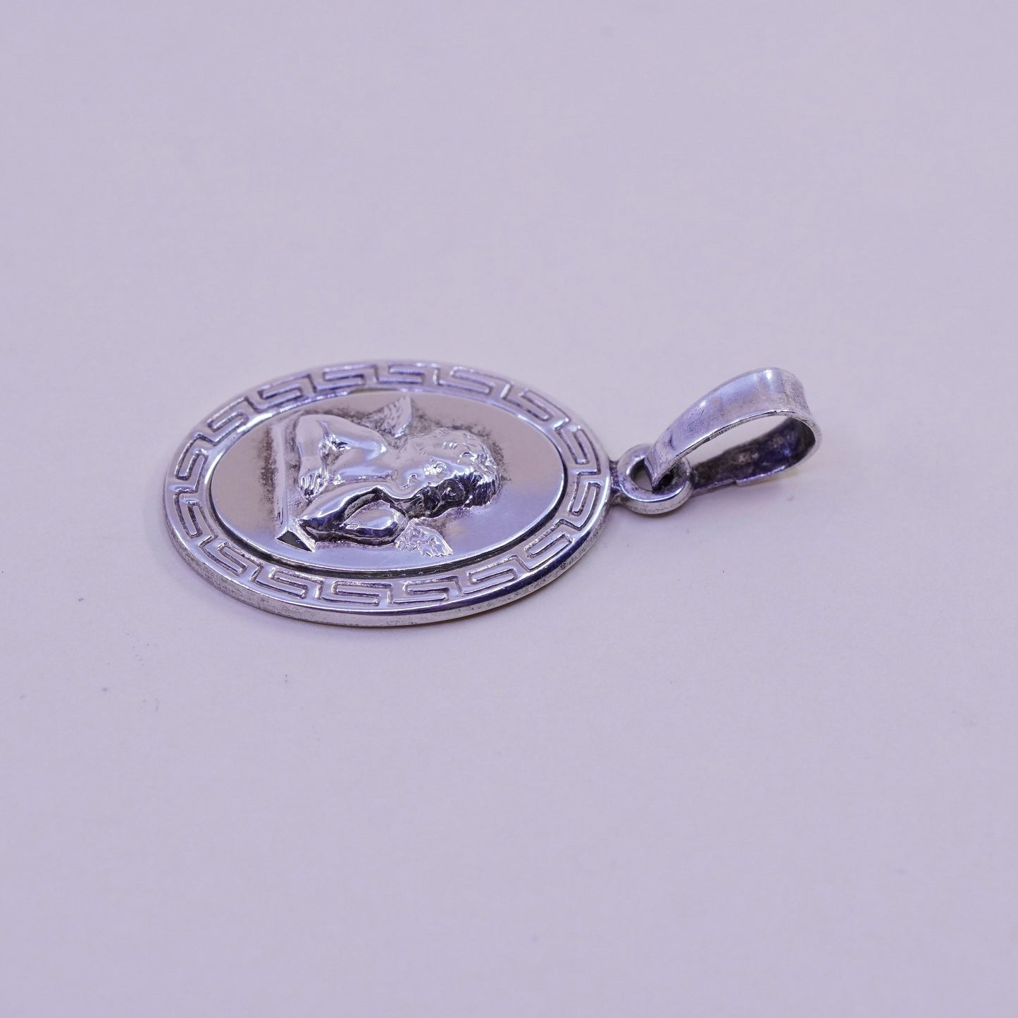 Vintage Sterling 925 silver handmade angel pendant with Greek key around