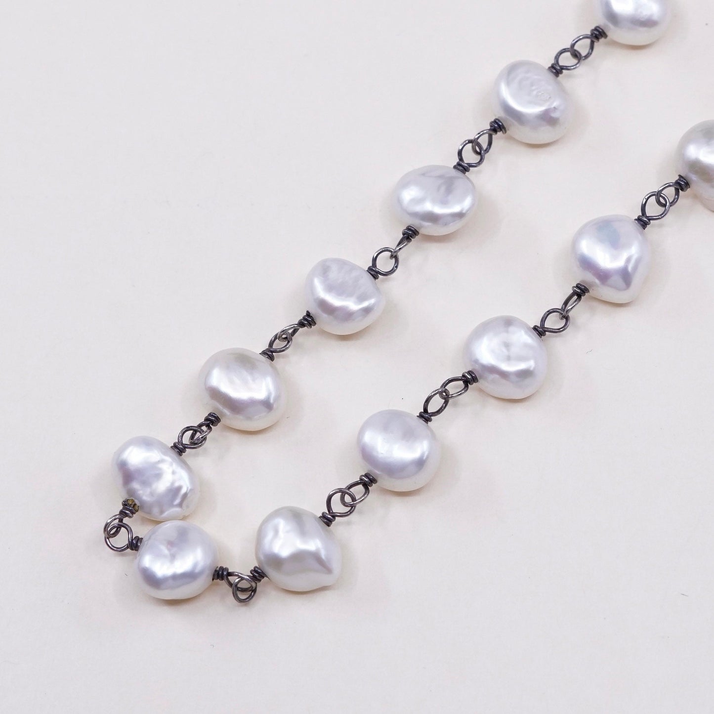 30”, Vintage handmade Sterling silver necklace with pearl beads details