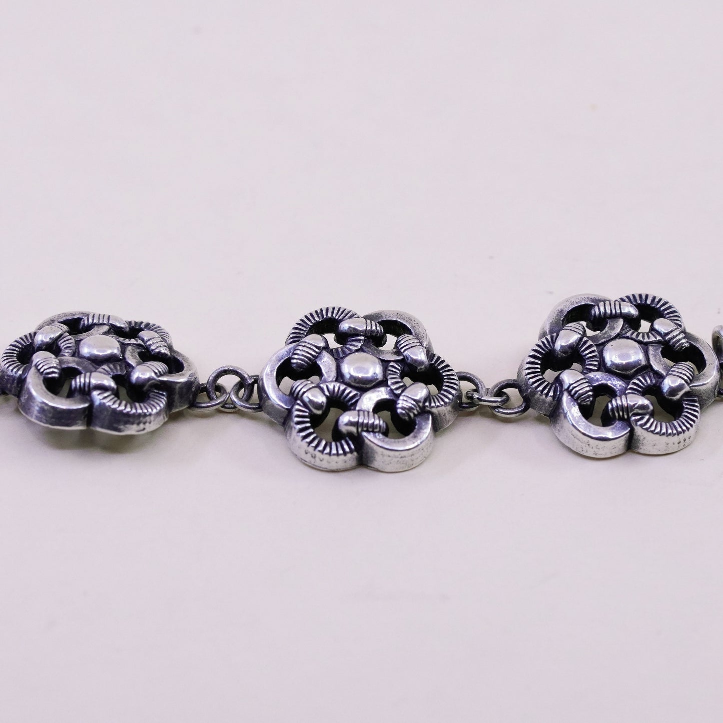 6.5”, vintage sterling 925 silver handmade bracelet, knotted floral pink chain