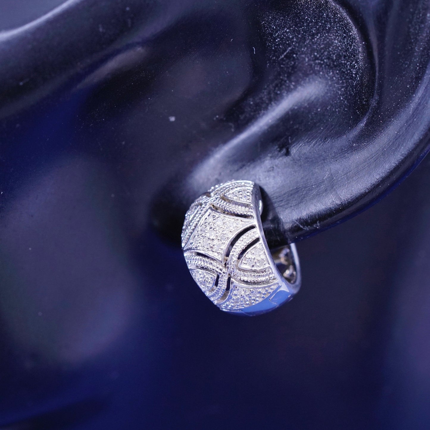 0.5”, Vintage Sterling silver earrings, 925 hoops, huggie with diamond