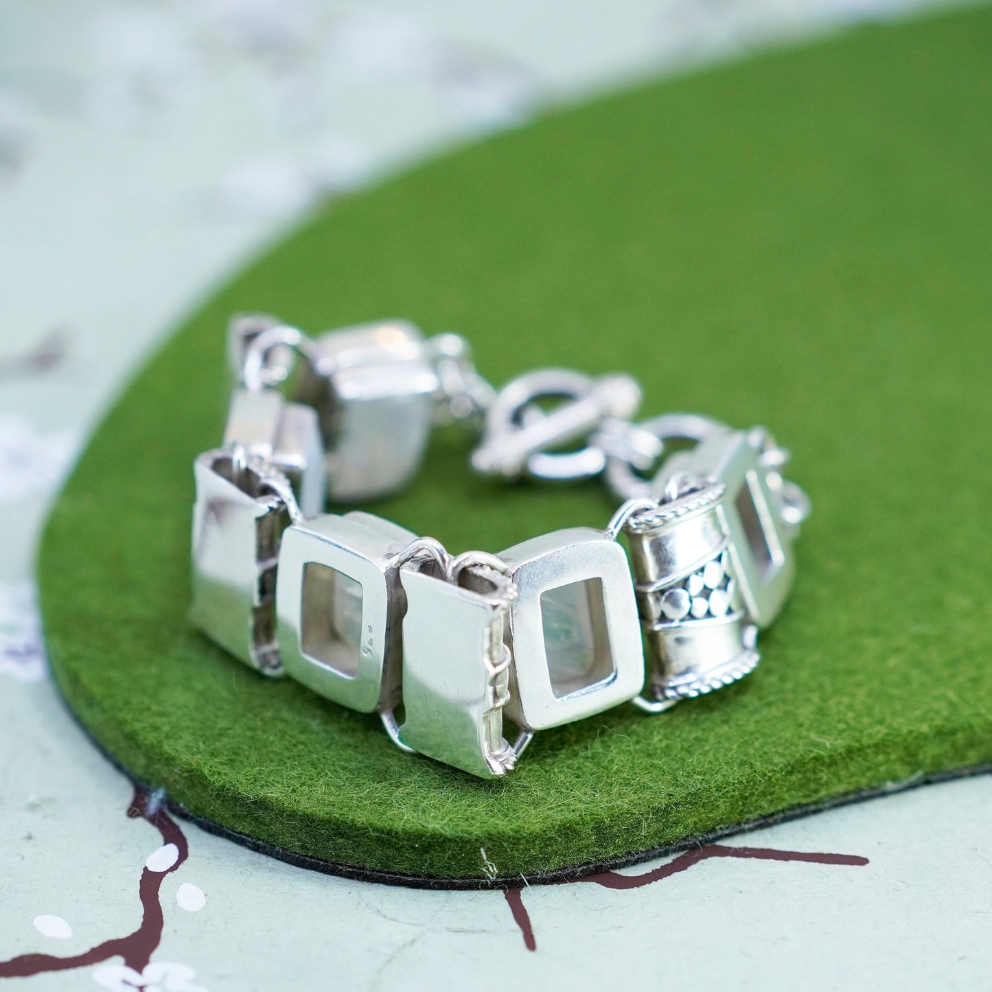 7”, vtg Sterling 925 silver handmade bold bracelet with rectangular moonstone