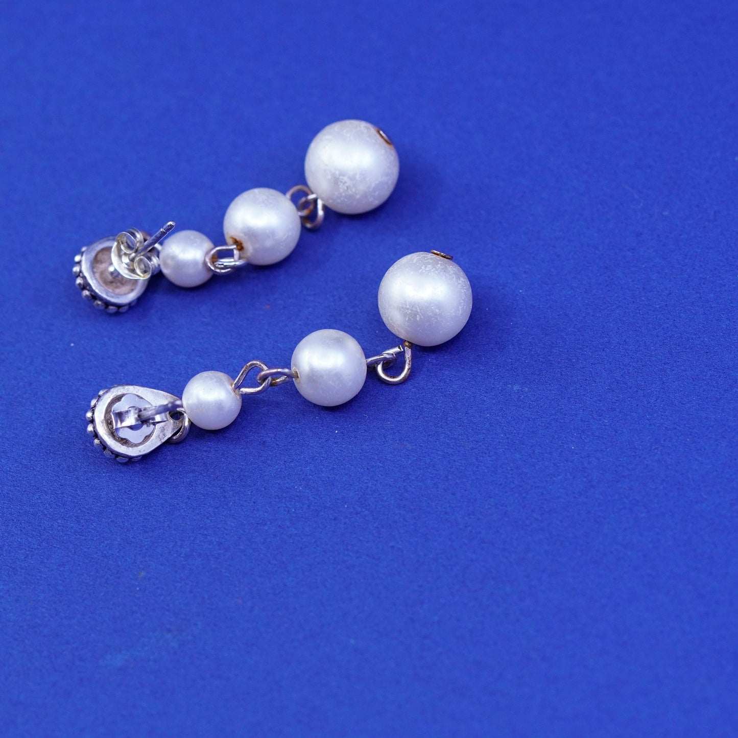 Vintage Sterling silver handmade earrings, bali 925 studs with pearl drops