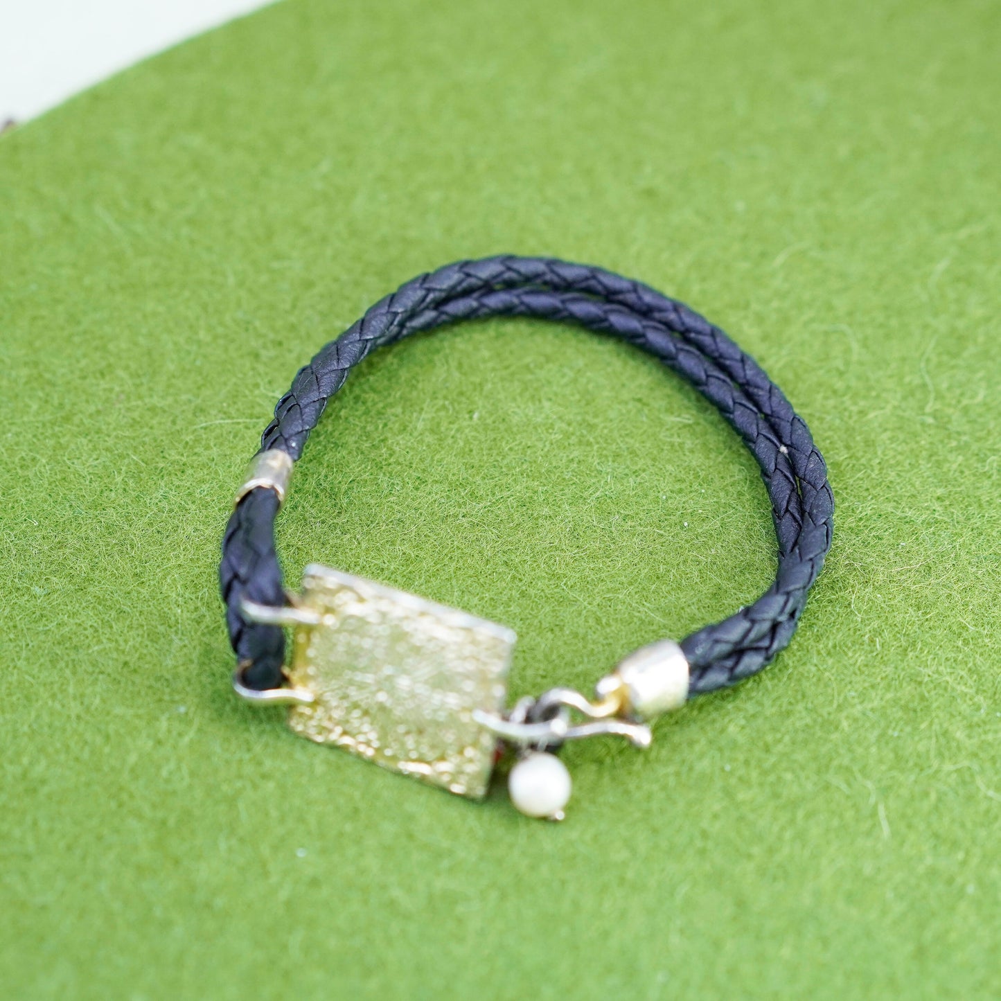 6.75”, woven braided leather bracelet sterling 925 silver Mayan calendar tag
