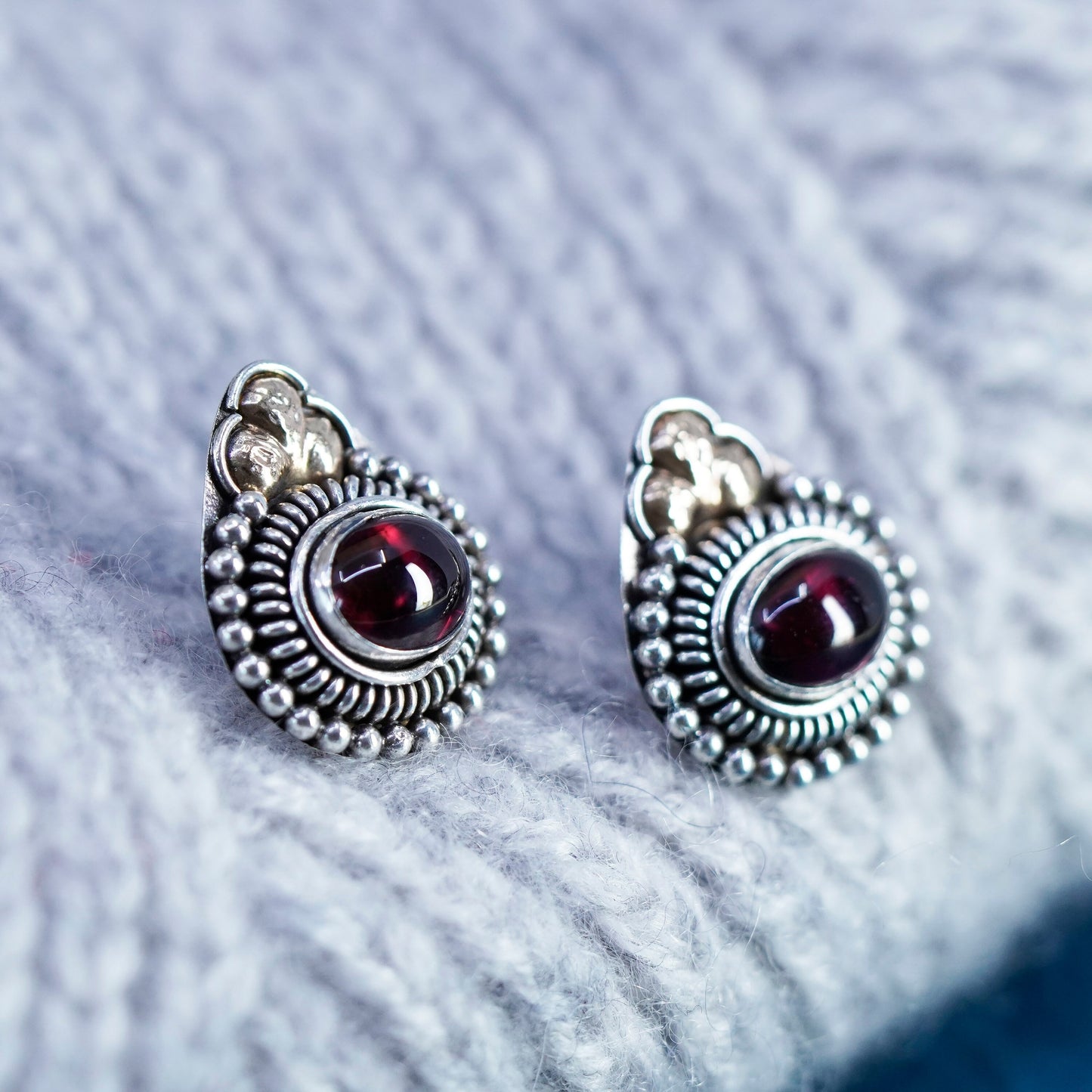 Vintage sterling silver earrings, 925 studs with garnet 12K rose gold leaves