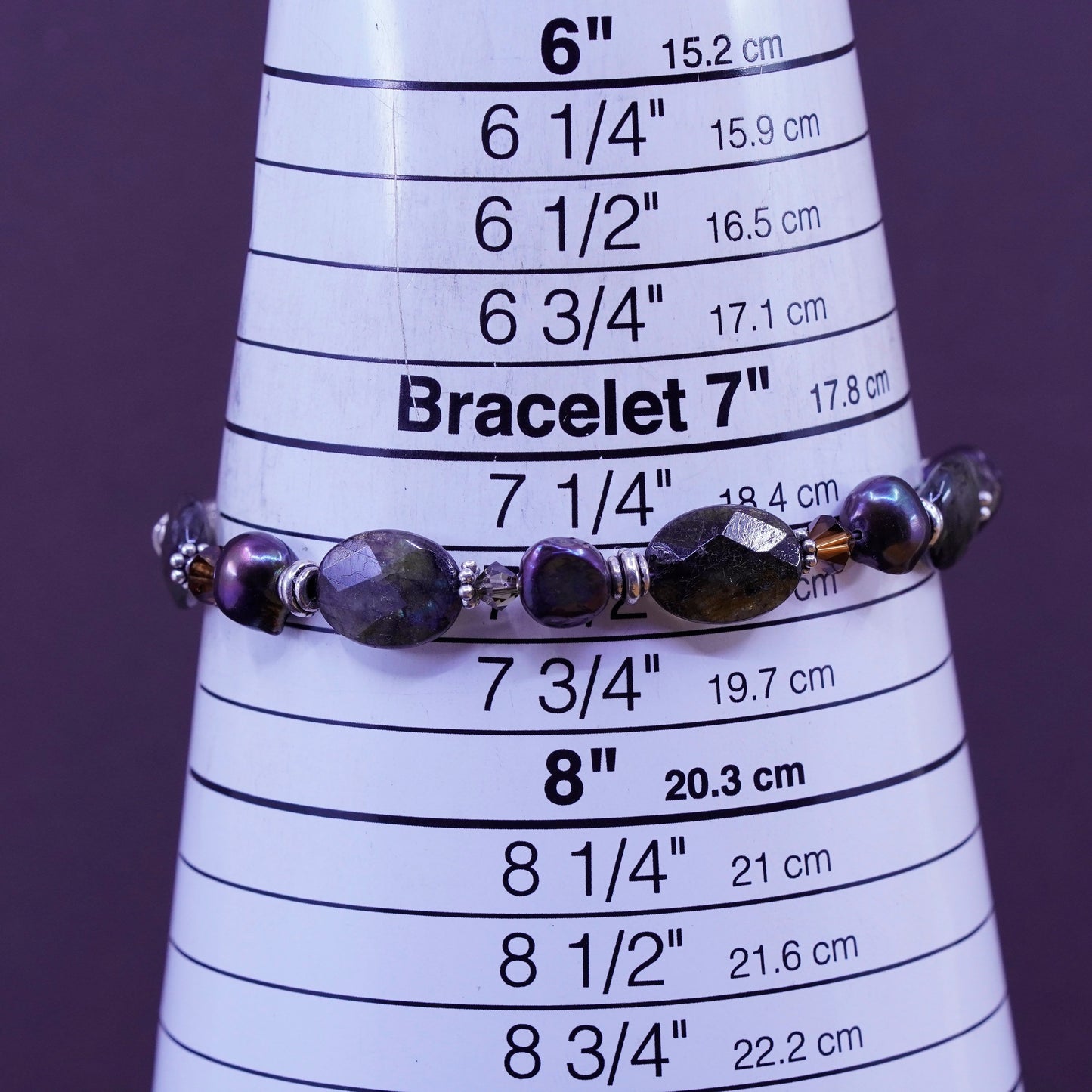 7.5”, vtg Sterling 925 silver handmade bracelet, labradorite pearl beads chain