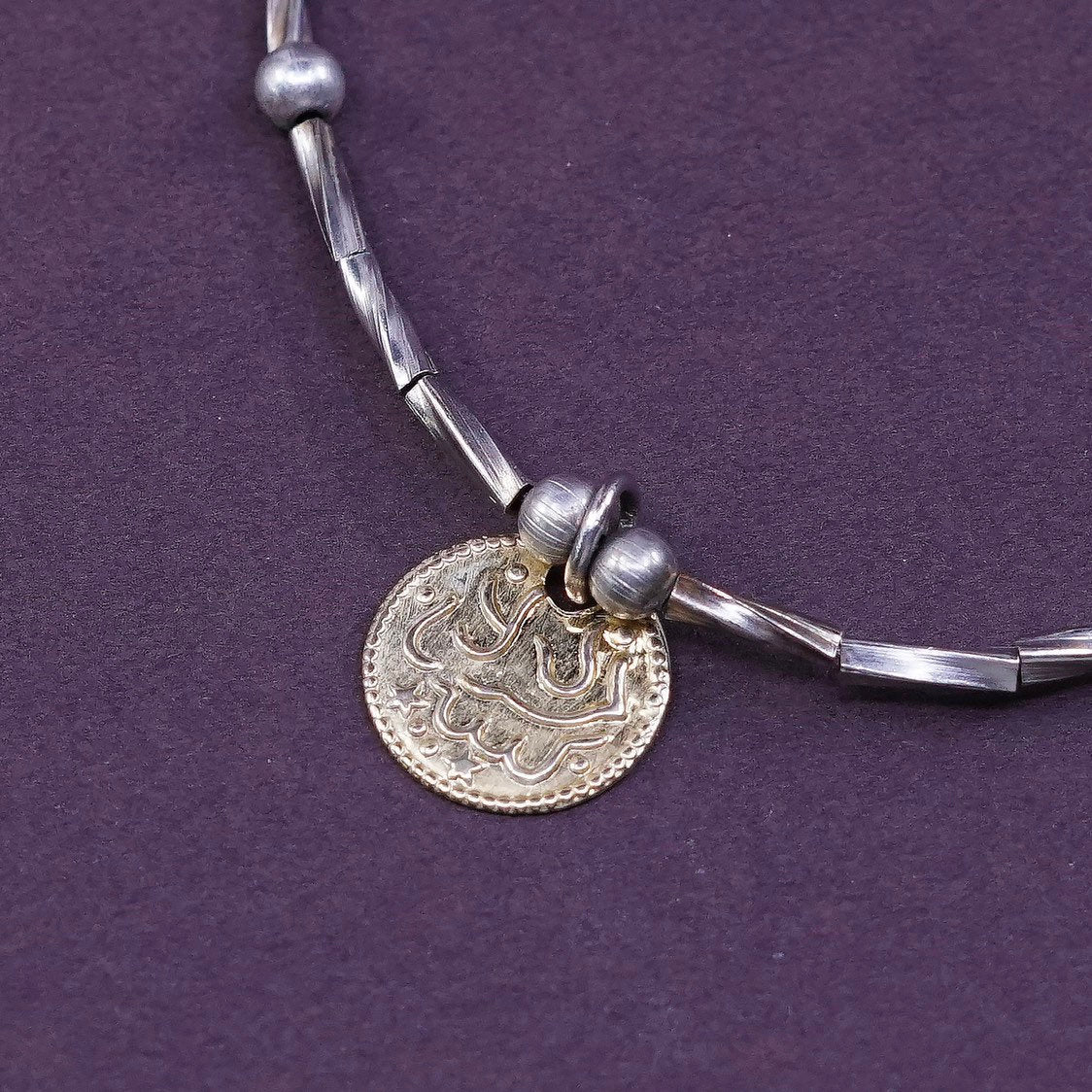 8.75", vtg Sterling silver bracelet, Italy 925 bar w/ beads chain gold charm