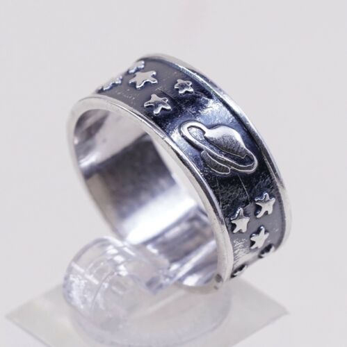 Sz 10, Mexico Sterling Silver Handmade Ring 925 Band Universe Moon Shooting Star