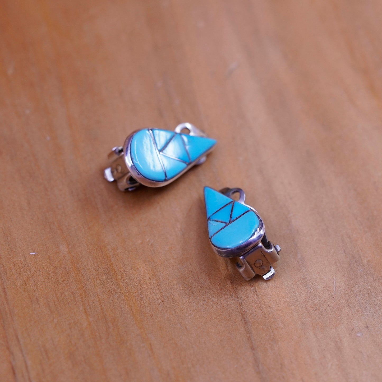 Native American Zuni Sterling 925 silver clip on teardrop earrings turquoise
