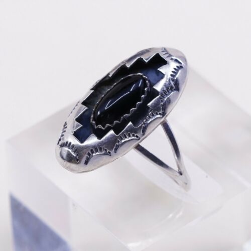 Sz 8.25 Carmelio Patania Navajo Sterling 925 Silver Handmade Ring W/ Obsidian