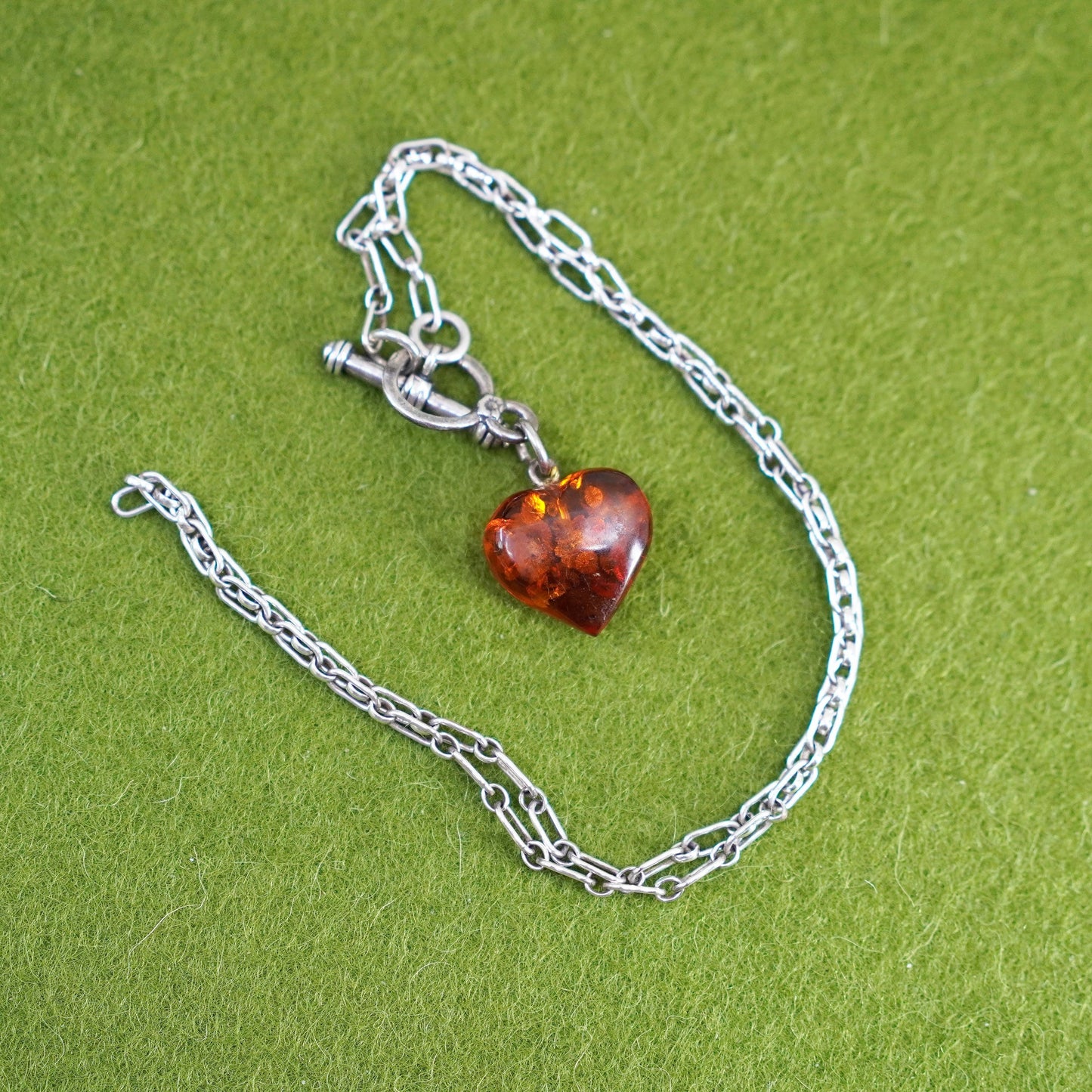 15”, Sterling 925 silver handmade elongated chain necklace amber heart pendant