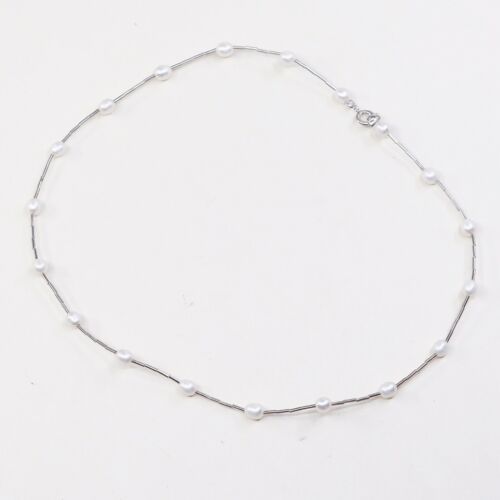 16”, Vtg Sterling silver handmade necklace, 925 Liquid Silver W/ Pearl Beads