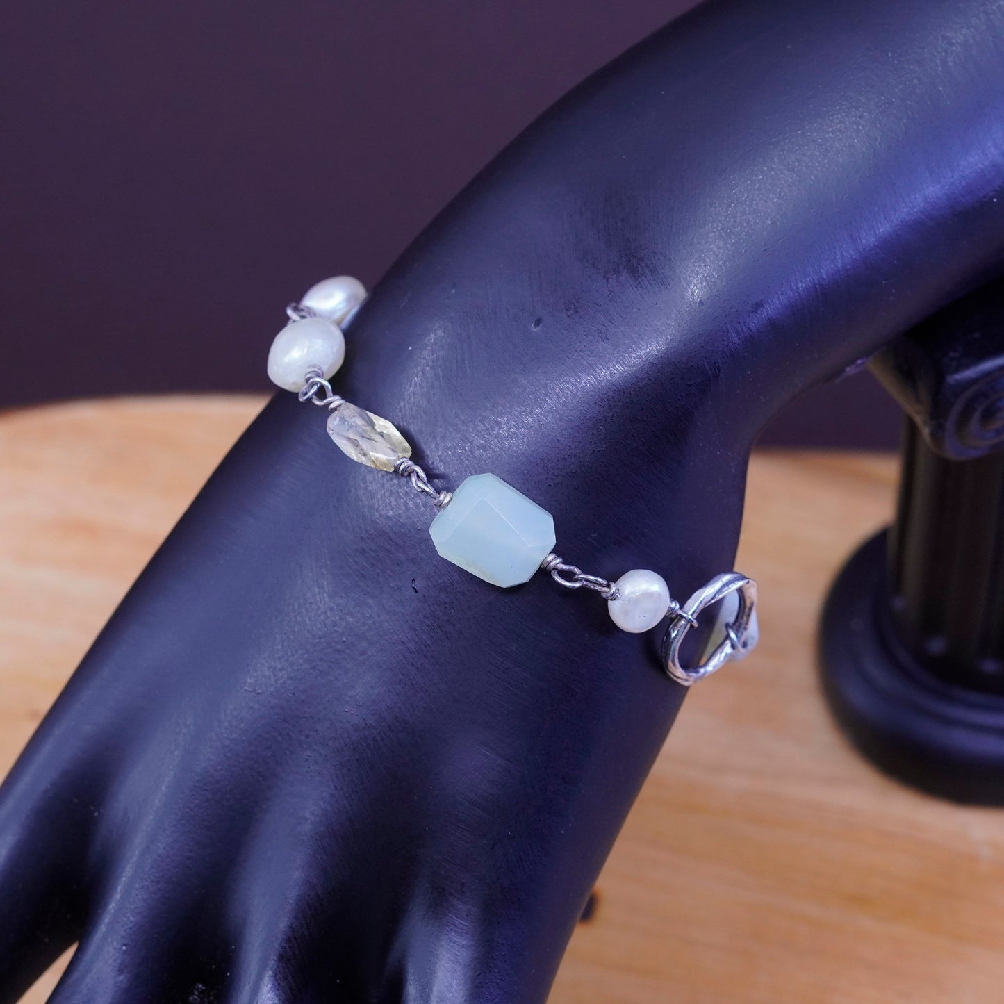 6.5”, Vintage Sterling 925 silver handmade bracelet with jade and pearl