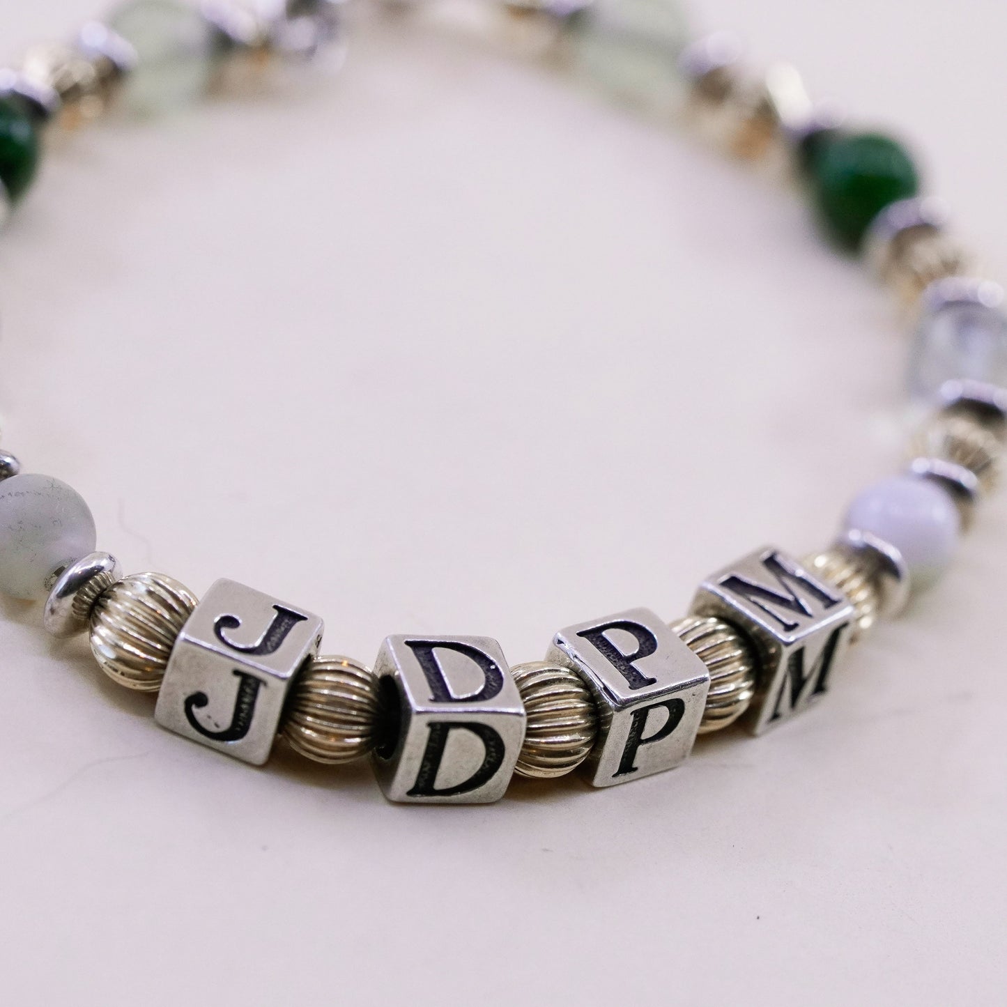 6.5”, 14K gold beads Sterling 925 Silver prehnite jade bracelet “JDPM” cubes