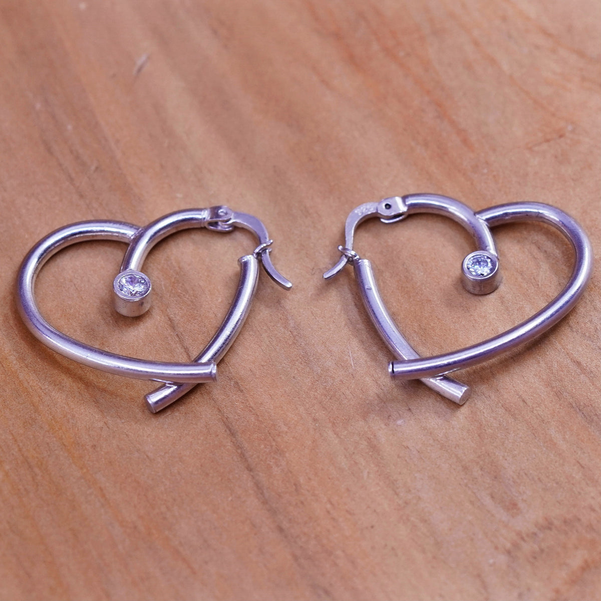 1”, vintage Sterling 925 silver heart hoop earrings with cz, 925 huggie
