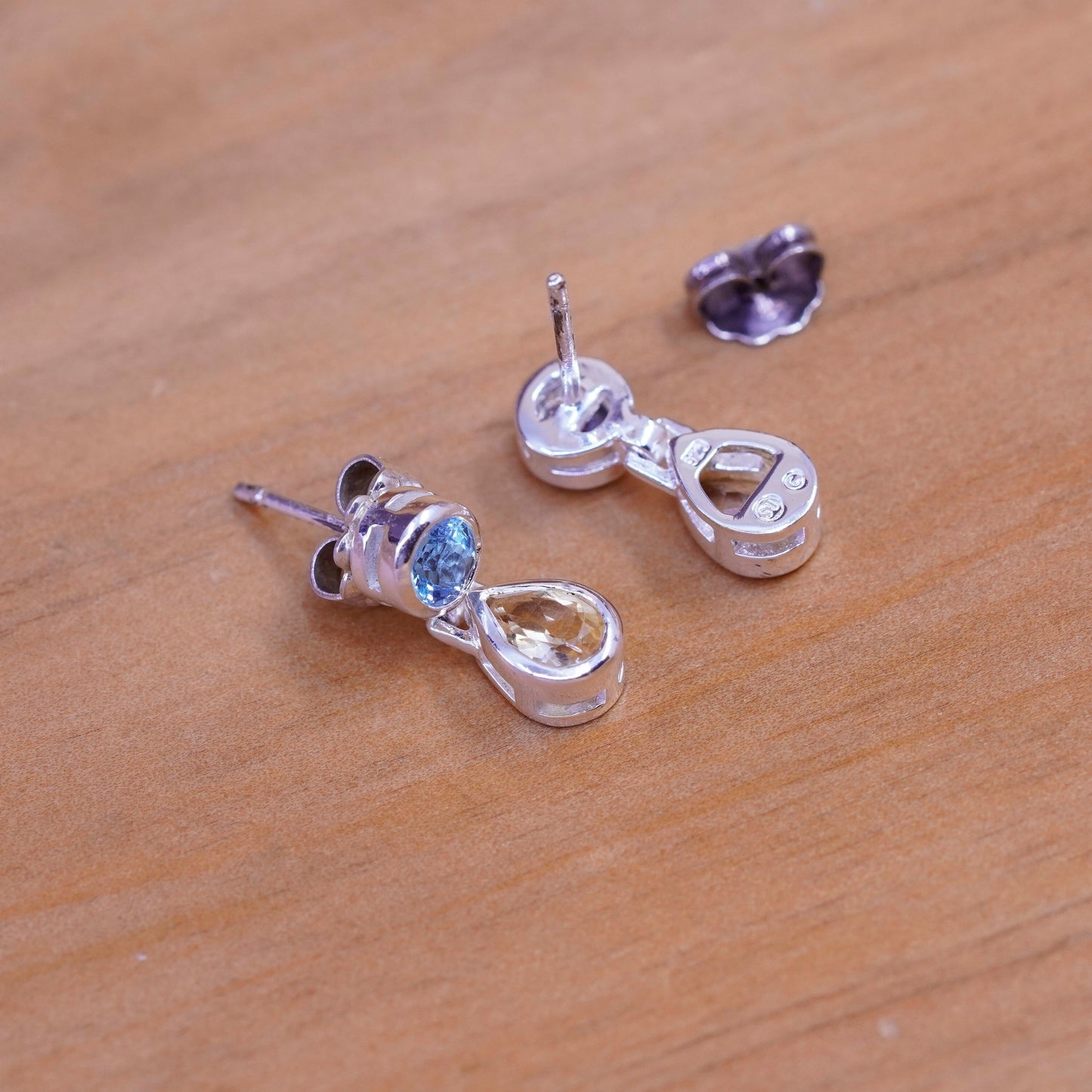 Vintage sterling silver handmade earrings, 925 circle citrine topaz drops