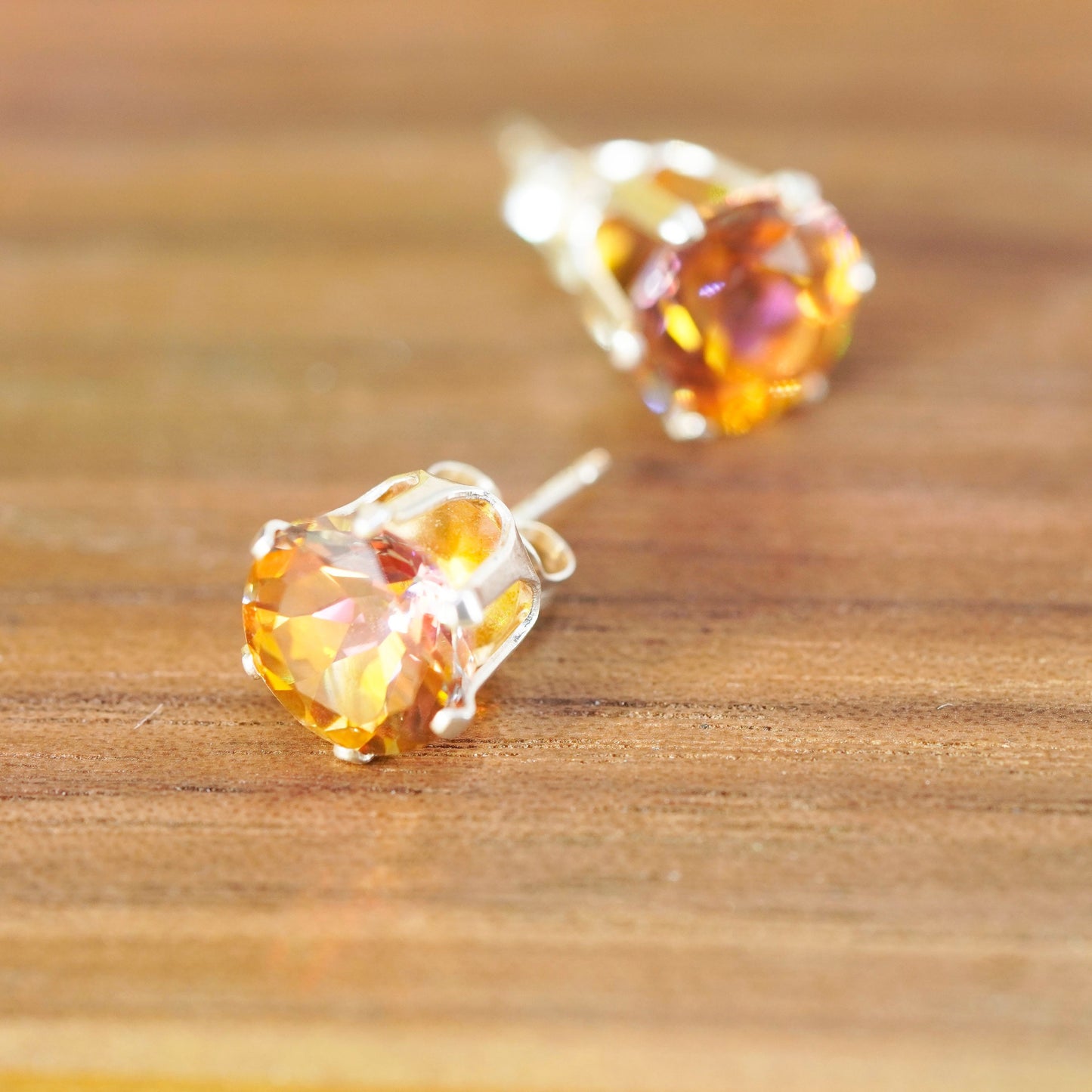 9mm, Vintage Sterling silver handmade earrings, 925 studs with citrine