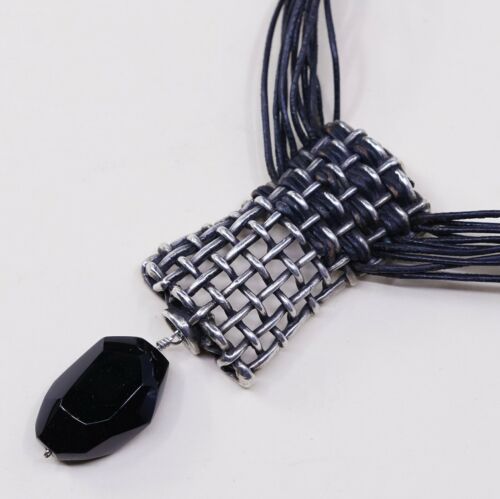 14”+2”, Vtg Mexico Handmade Sterling 925 Silver Pendant W/ Black Leather Chain