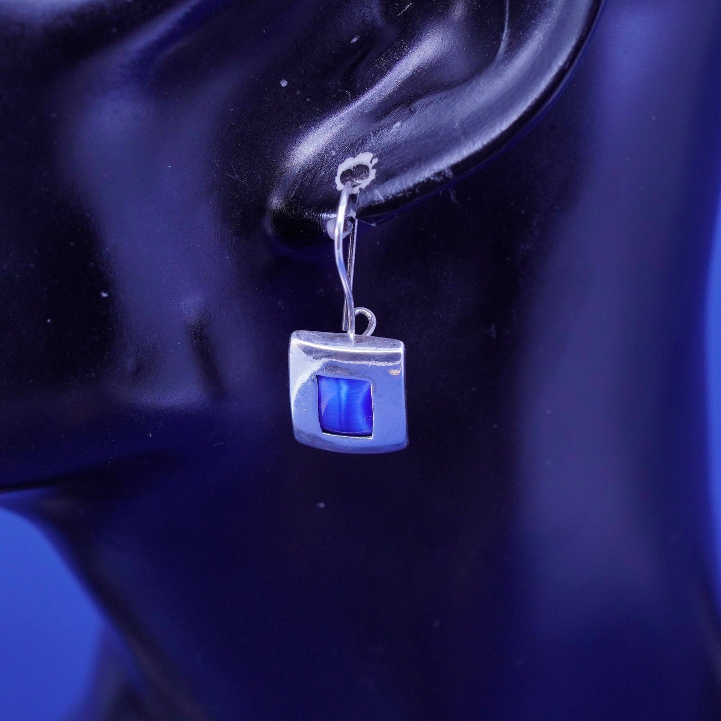 Vintage Sterling 925 silver handmade earrings with blue cat eye