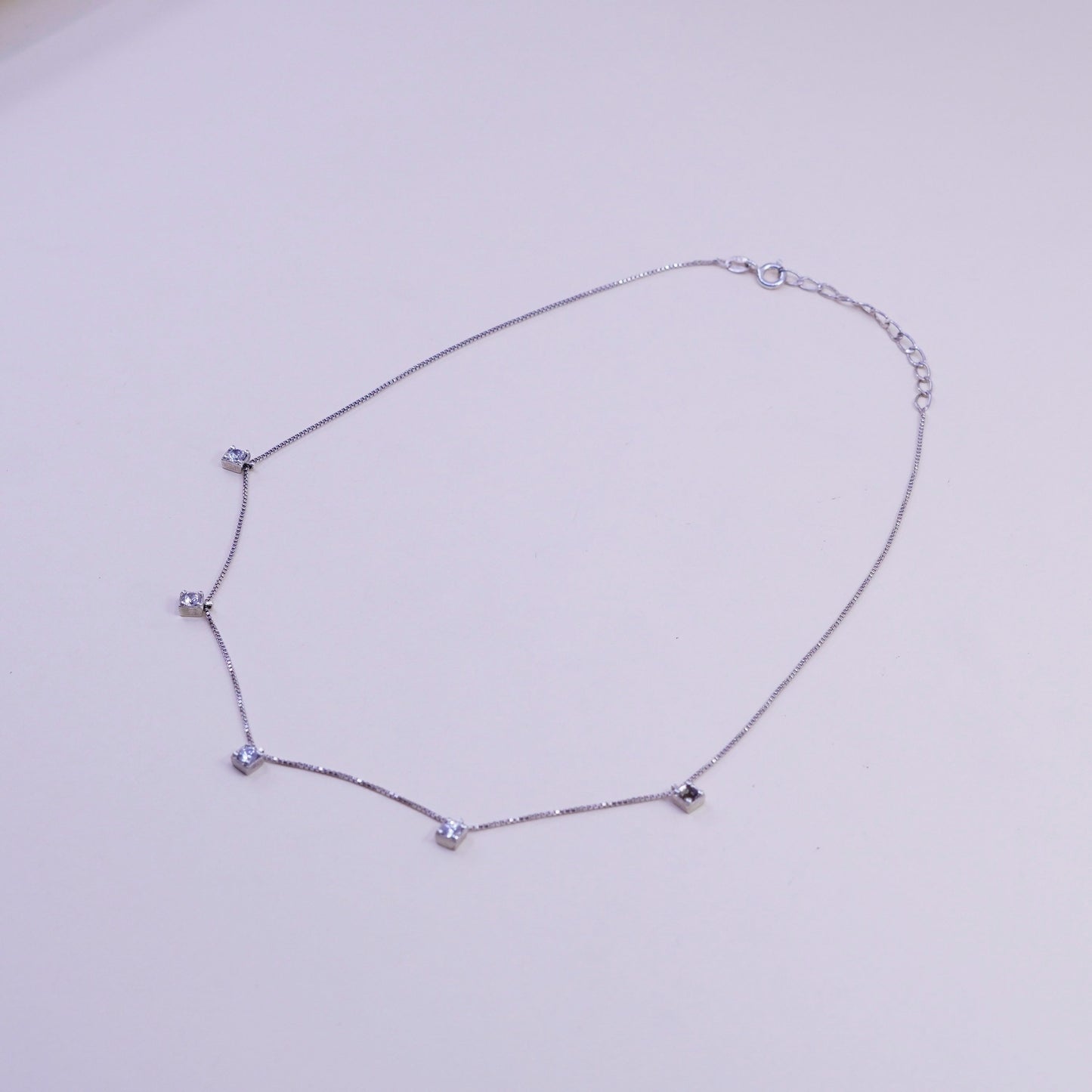 16+2”, vintage sterling silver box chain necklace with cz