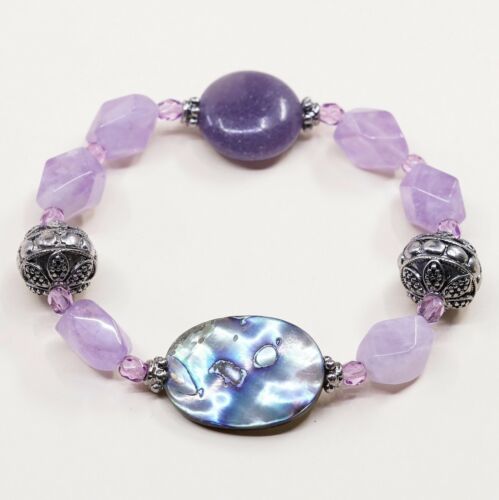 7”, Vtg Amethyst Elastic Bracelet W/ Bali Sterling 925 Silver Beads N Abalone