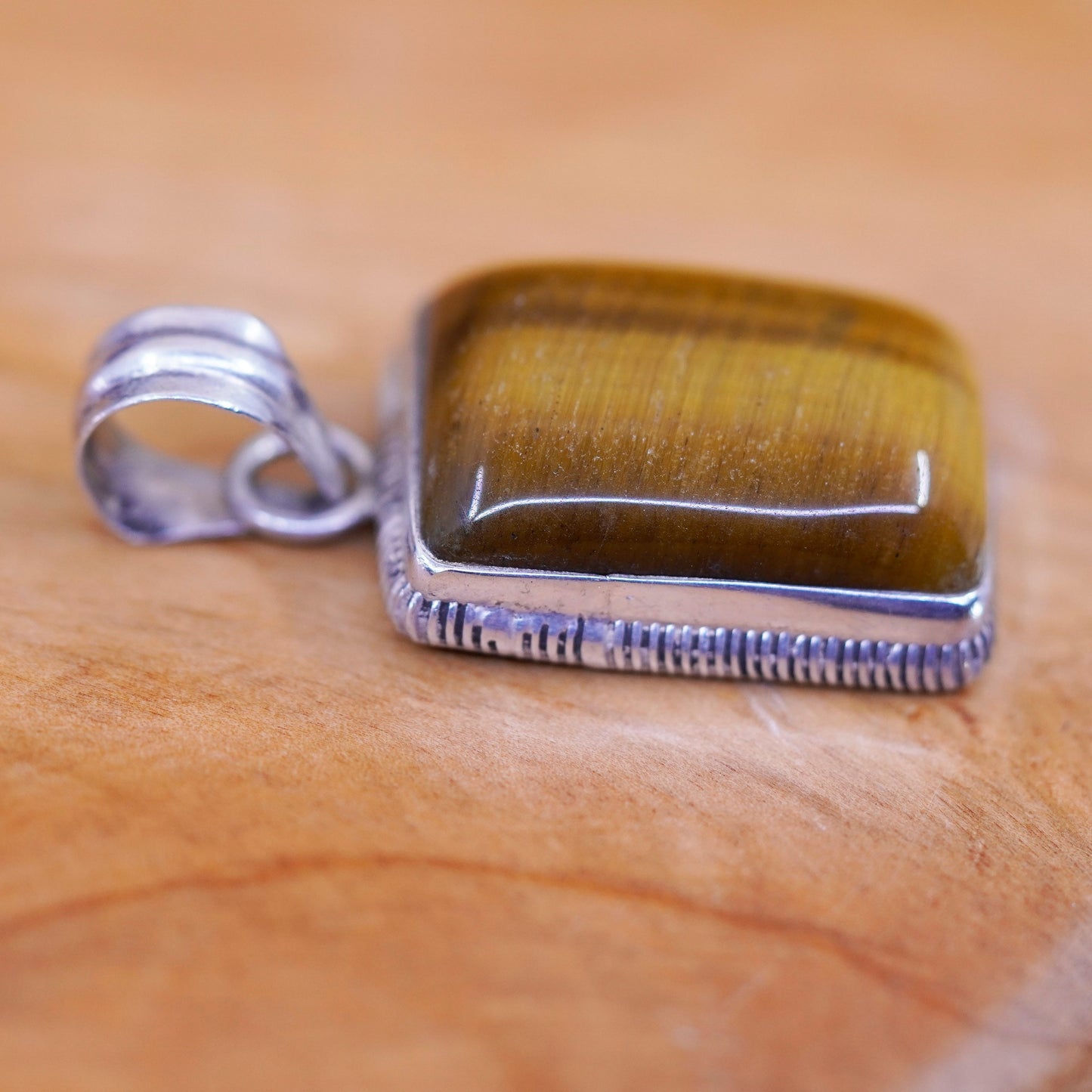 Vintage Sterling 925 silver handmade rectangular pendant with golden tiger eye