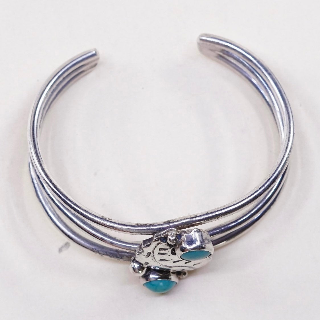 6", VTG Handmade Sterling 925 silver cuff w/ Blue Green Turquoise N leaf