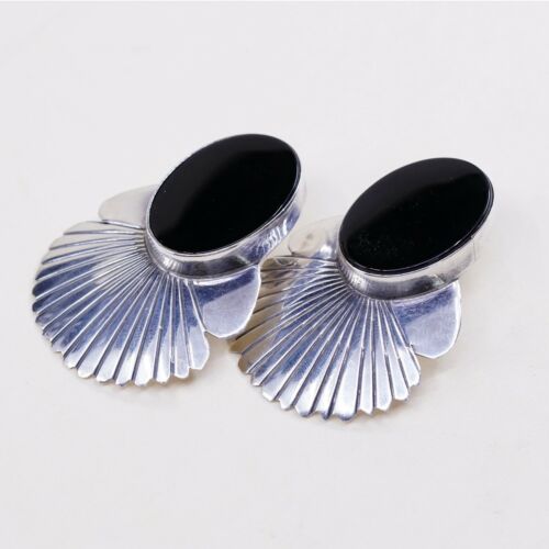 Vtg Southwestern Sterling Silver Handmade Earrings, BAL 925 Studs W/ Obsidian